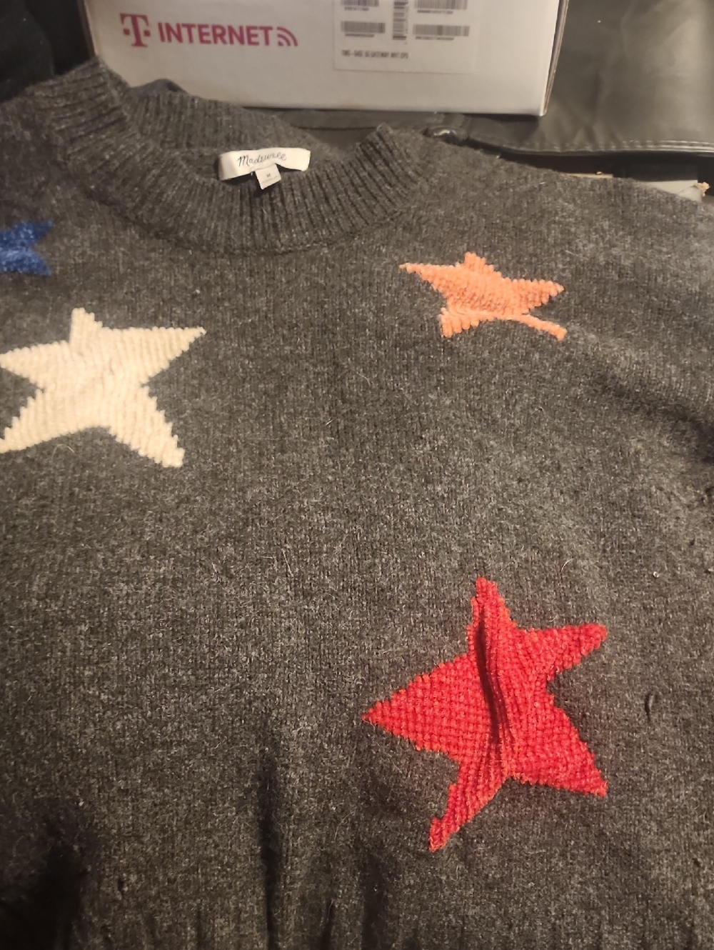 Madewell Charcoal Crewneck Sweater with Red, Cream, Coral & Blue Stars